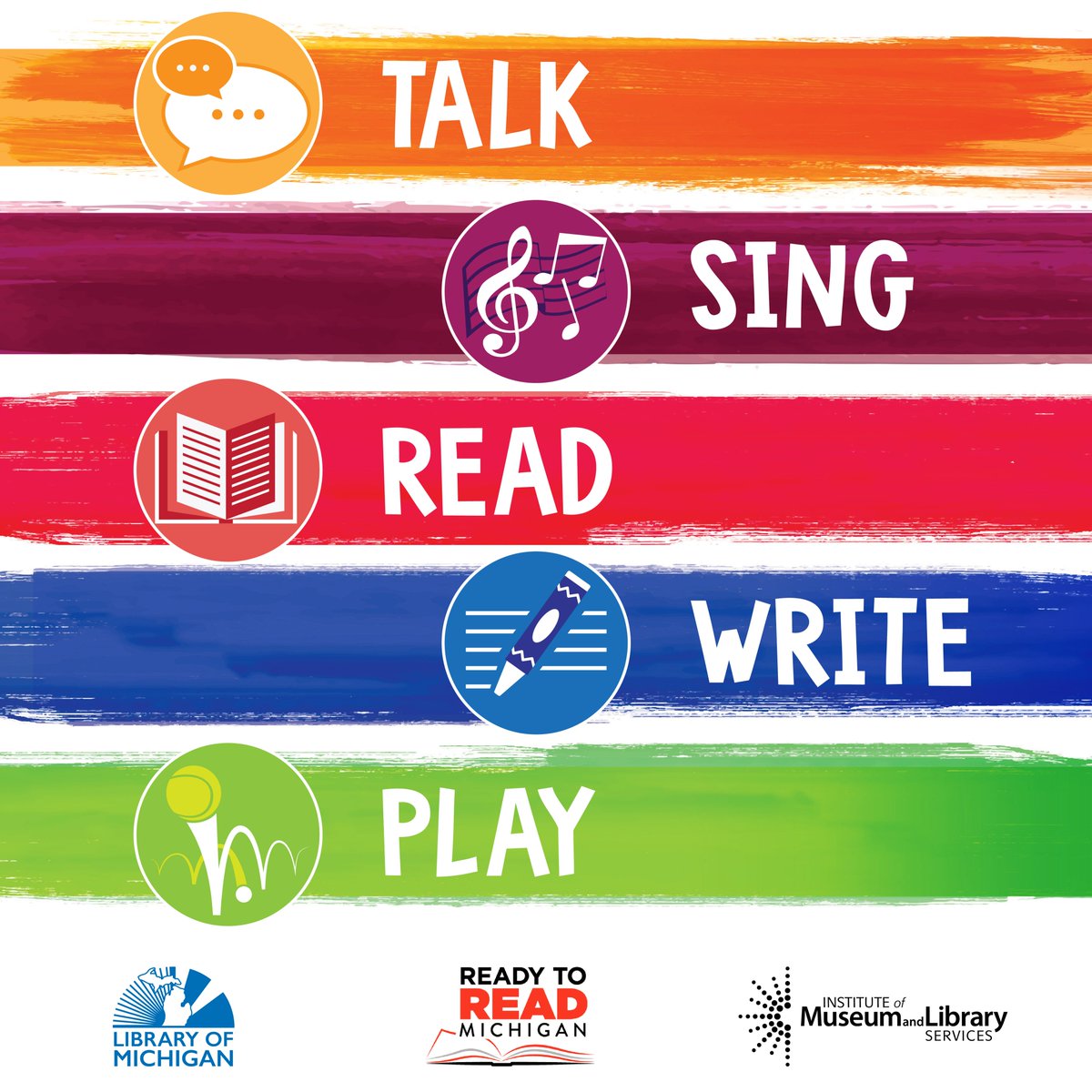 LibraryofMich's tweet photo. Help your young child develop early literacy skills by practicing five easy activities – Talk, Sing, Read, Write and Play! Contact your local public library for more info! #ReadytoReadMi #MiLibraries #EarlyLiteracy #IMLSGrant https://t.co/7hBpCh20Ny