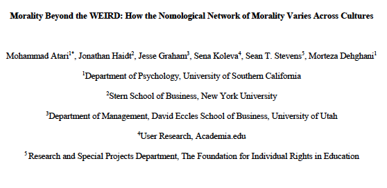 MohammadAtari90's tweet photo. 🚨NEW PREPRINT🚨

Morality Beyond the WEIRD: How the Nomological Network of Morality Varies Across Cultures

We present the Moral Foundations Questionnaire-2 (MFQ-2). 

https://t.co/EYb41YQ1fr

W/ @JonHaidt , J Graham, @SenaKoleva , S. Stevens, and @MortezDehghani 

THREAD 1/20 https://t.co/Zerkp8dXMP
