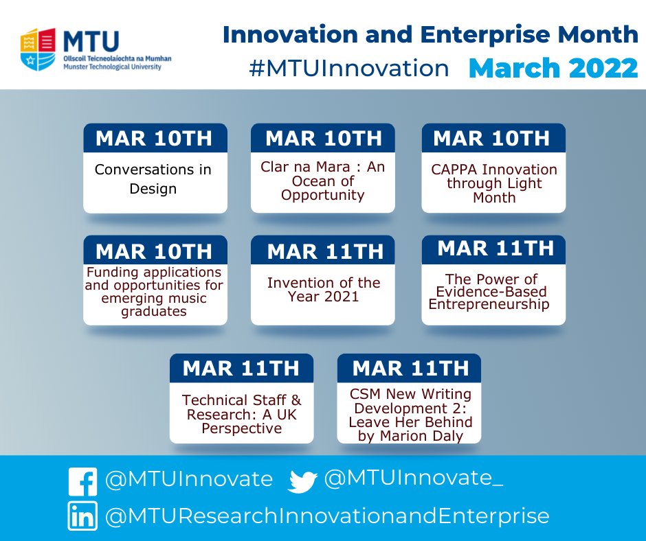 What events are on next week?🤔

From MTU Innovation Challenge Final to Conversations in Design and everything in between. We have something for everyone in week 2 of MTU Innovation and Enterprise Month
Visit the calendar of events: lnkd.in/gw5FfR5h

#MTUInnovation