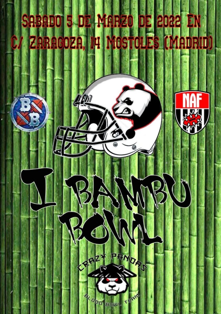 7EstrellasMAD's tweet photo. En apenas unas horas dará comienzo la I edición de la #BambuBowl 🐼 en la tienda @LudusBelli de #Móstoles, organizado por los #CrazyPandas. ¡No os perdáis este torneazo de #BloodBowl puntuable para el #7Estrellas2022!

Toda la info aquí 👇
https://t.co/WhnsjdPmcy https://t.co/MVdEriSRd2