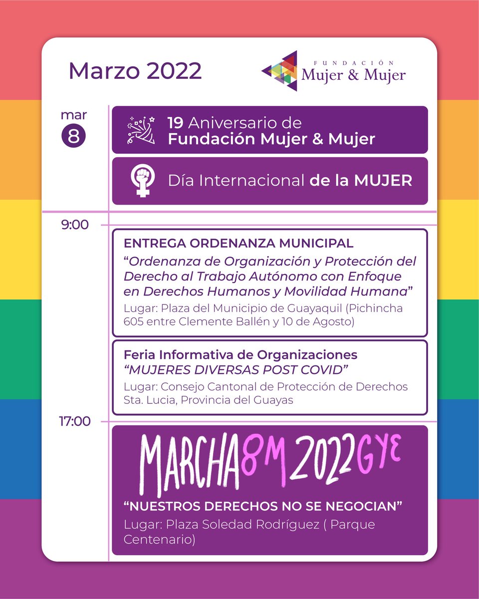 mujerymujerEC's tweet photo. 📣 #8M no se felicita SE LUCHA ♀✊ 
✊Fortaleciendo, caminando y acompañando 
🗓Conoce nuestra agenda #8M2022 
🌈¡Libres y Visibles para #SerDecidirExigir!
 #GuayaquilFeminista #ResistenciasLésbicas #LBQ https://t.co/5wBwMIKkvc