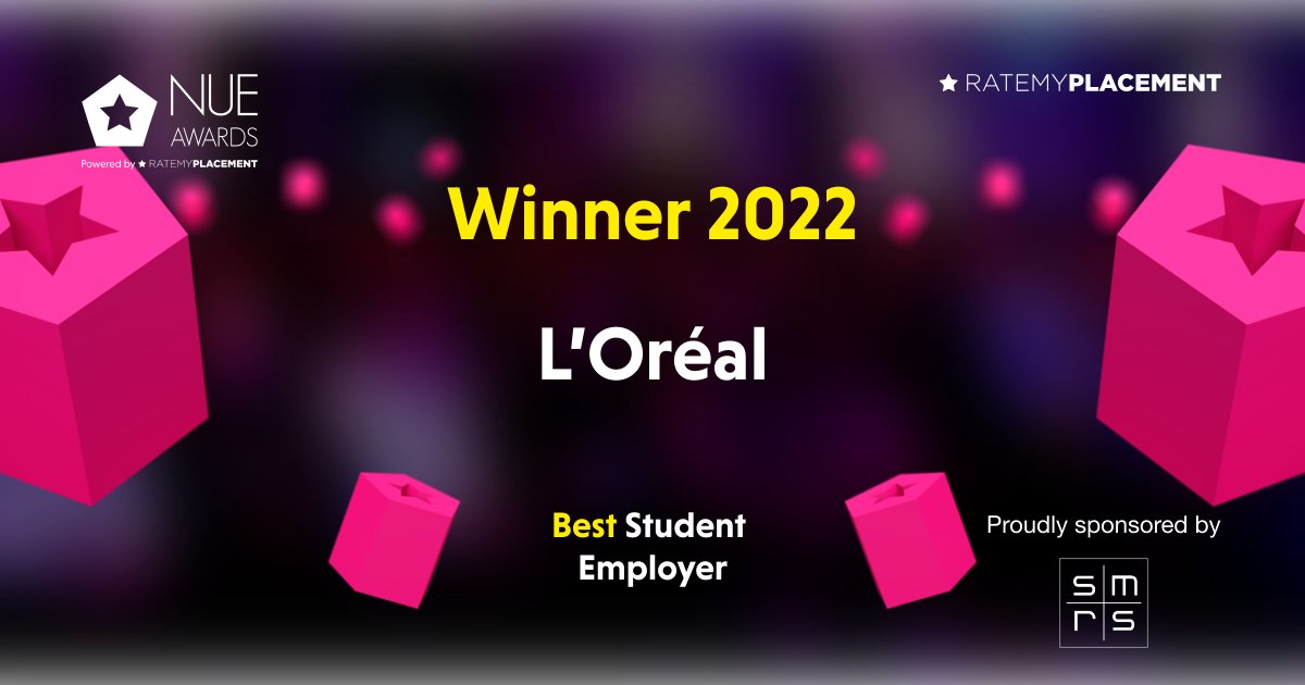 The final headline award, for Best Student Employer goes to... @lorealuki! They entered the table back in 2014 and have stayed there ever since! Well done to you, what a huge achievement! #NUEAwards