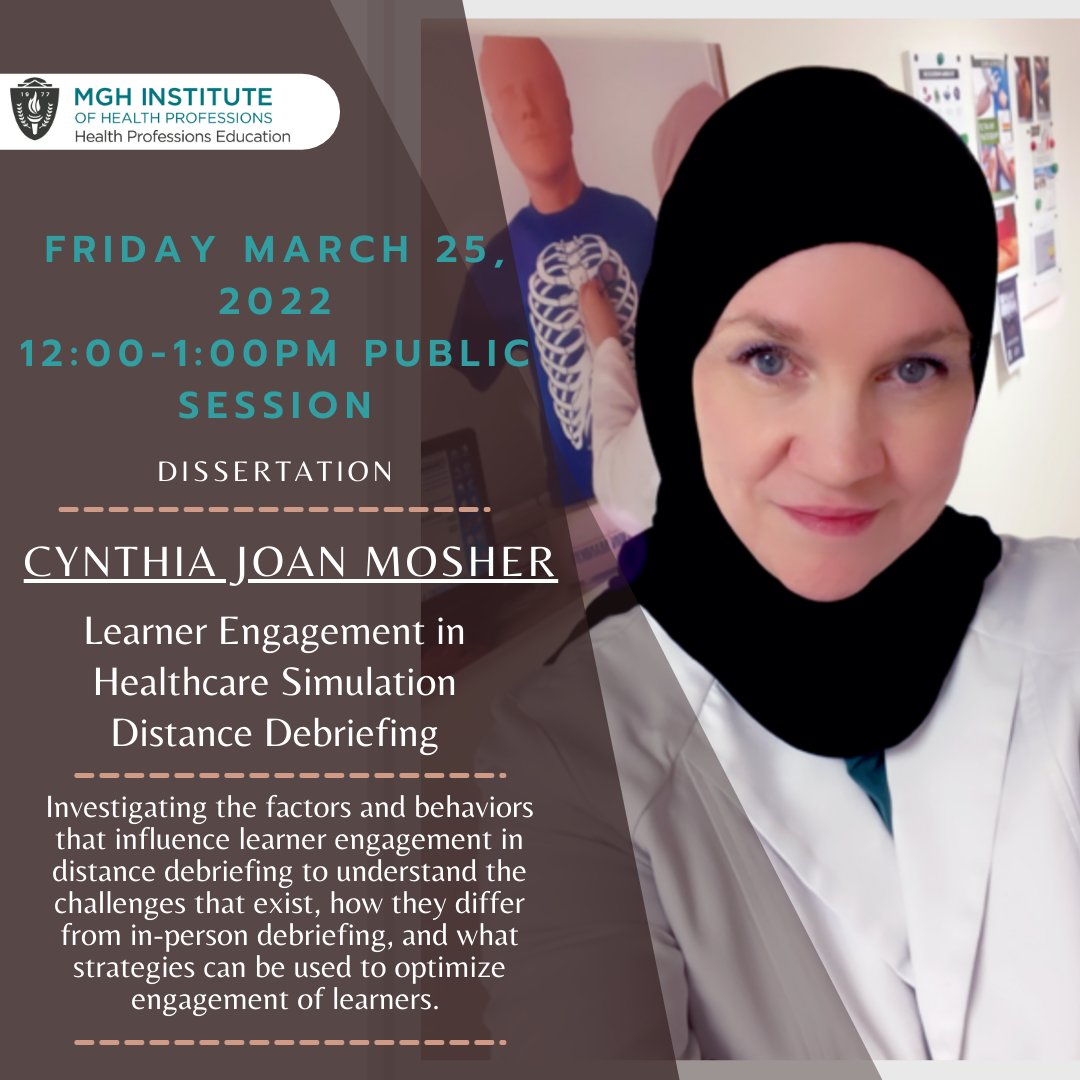 MGH IHP HPEd (@hpedihp) on Twitter photo Please join <a href="/drcynthiamosher/">Cynthia Mosher</a> in the public session of her #PhD #dissertationdefense on Learner Engagement in Distance Simulation and Debriefing.
Click here to add to your calendar if you'd like to attend: evt.mx/8CczUNqK
#HPE #Simulation <a href="/JCPalaganas/">Janice C. Palaganas</a> Please join <a href="/drcynthiamosher/">Cynthia Mosher</a> in the public session of her #PhD #dissertationdefense on Learner Engagement in Distance Simulation and Debriefing.
Click here to add to your calendar if you'd like to attend: evt.mx/8CczUNqK
#HPE #Simulation <a href="/JCPalaganas/">Janice C. Palaganas</a>