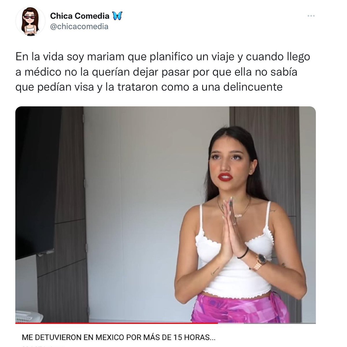 chicacomedia's tweet photo. En la vida soy mariam que planifico un viajepara vacacionar en mexico y no sabía que allá le pedían visa a los venezolanos, no la querían dejar pasar y la trataron como delincuente cuando ella solo quería tomar tequila y bañarse en la playita https://t.co/mpGuTXnztR