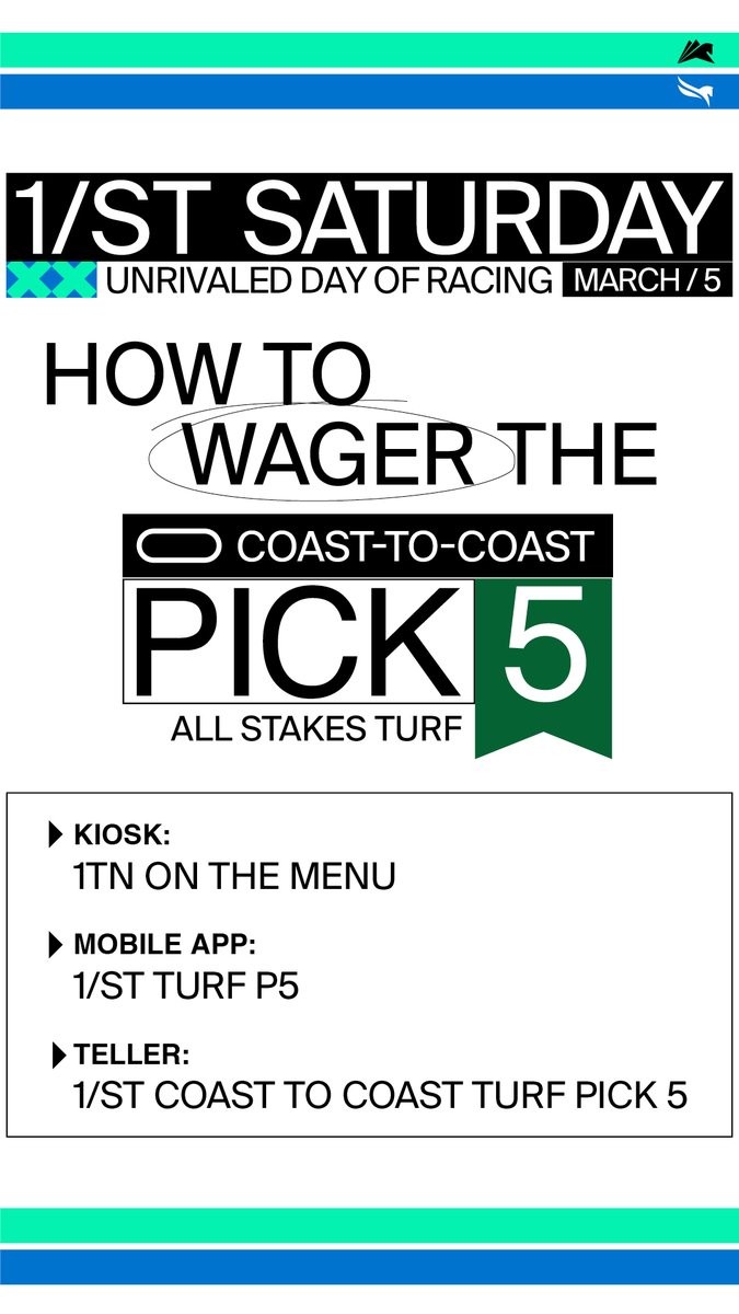 🚨 1/ST Coast-To-Coast Pick 5 races, post times &amp; how to play. 

*12% takeout
*$1 minimum 
#1stSaturday