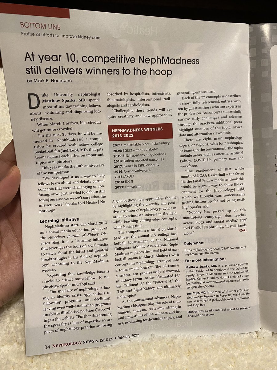 wayne_kuang's tweet photo. Doing a nephrology rotation. My attending gave me the Feb issue of Nephrology News&amp;Issues. Found your name in it! Yay for #NephMadness @kidney_boy https://t.co/x8ZAdwWGaI