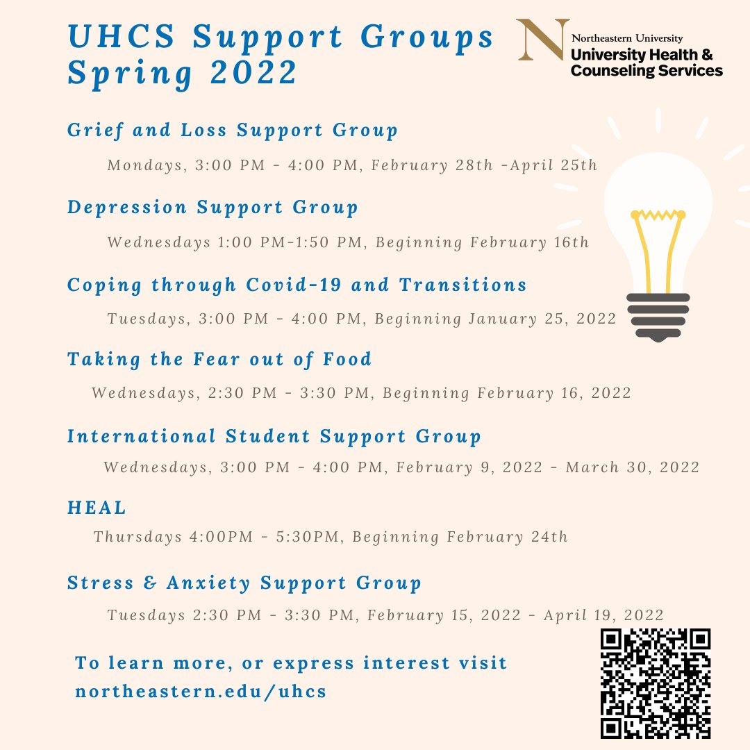 NU_UHCS's tweet photo. UHCS is offering various confidential support groups this spring. Topics range from depression, anxiety, grief, transitions as an international student and more! Detailed information can be found https://t.co/lcOopiLxHh Learn more &express interest in a group.
#uhcs https://t.co/sFS8l7rZB9