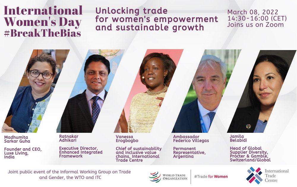 On 8 March ITC #SheTrades will be partnering with <a href="/WTO/">WTO</a> to host a dialogue on equal opportunities in trade that will feature views from the private, public sector and women entrepreneurs.

Register: bit.ly/3pDyHya
📅 8 March l 14:30 - 16:00 CET