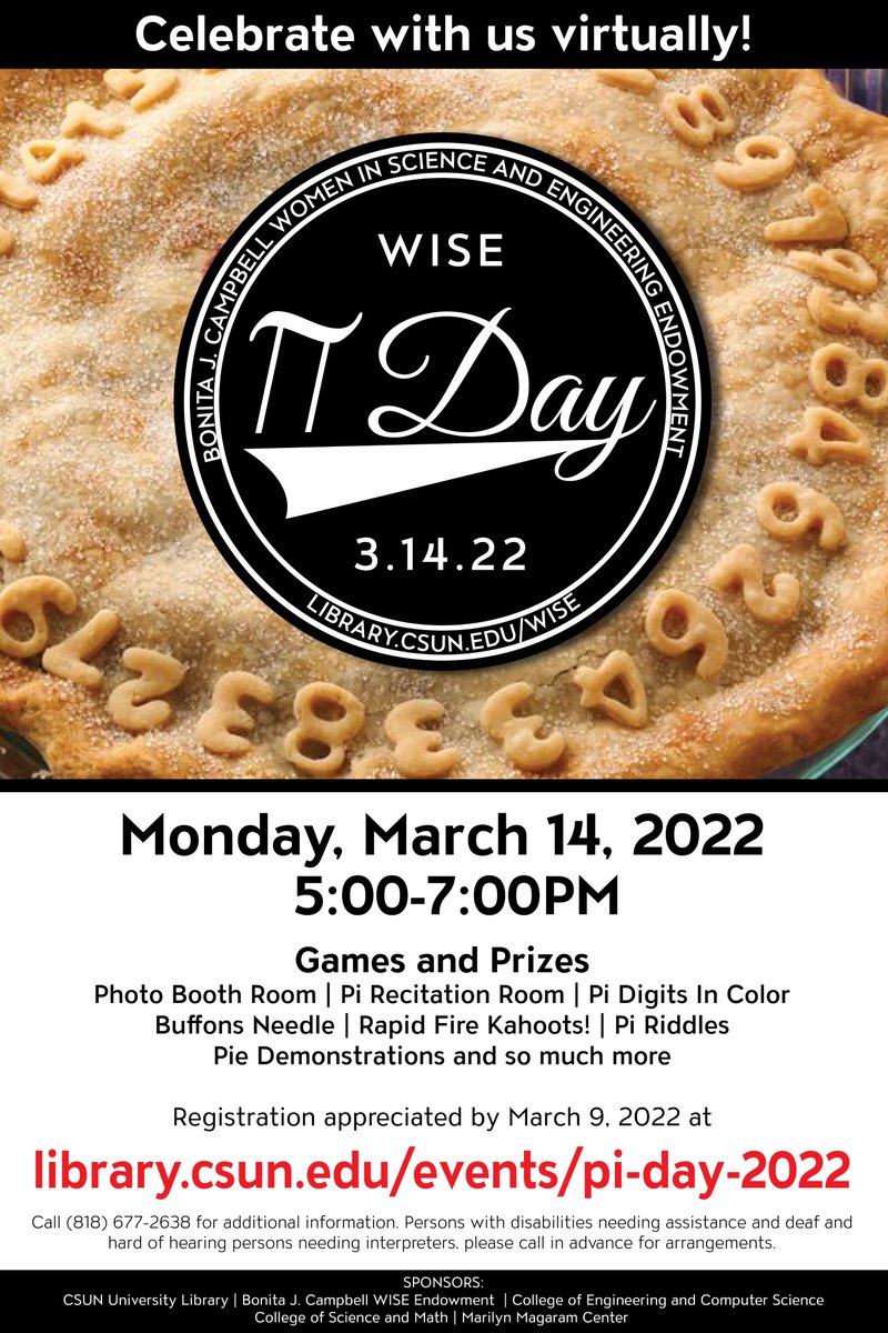 CSUNLibrary's tweet photo. Zoom in for our annual #PiDay celebration with hands-on pi themed activities, connect with #CSUN STEM Clubs, and network with students, staff, faculty, local educators, and STEM professionals. Stop by for a few minutes or stay the full 2 hours!
Learn more: https://t.co/DyXhXAF2C8 https://t.co/phR12MoxOx