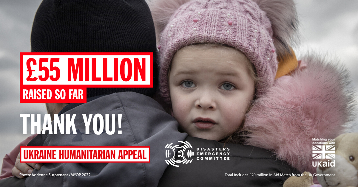The DEC Ukraine Humanitarian Appeal has raised an astonishing £55 million in its first day, including £20 million from the UK Government. 

Thank you so much for your generosity! #UkraineAppeal