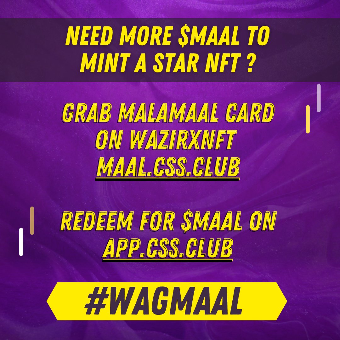 cssclubnft's tweet photo. This is your only opportunity to get hands on CSS Club Star NFT using $MAAL π
You have only till March 5, 10.10am IST/11.40pm EST π
Malamaal Card - https://t.co/a1Z1fxDREV β‘οΈ
Redeem & Mint - https://t.co/3XJwsaRYsR πͺ
#WAGMAAL #CSSClubNFT #MaalCoin #MalamaalCard #WazirXNFT https://t.co/1FkrpqxMMQ