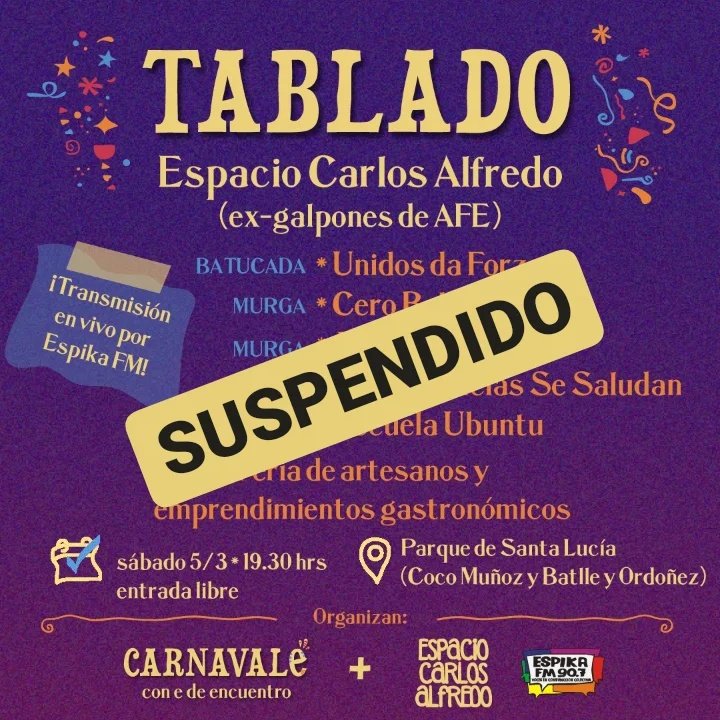 carnavalecone's tweet photo. 🌧TABLADO DE MAÑANA SÁBADO 5/3 SUSPENDIDO POR LLUVIA.

🎉¡Pero HOY nos vemos en Bella Italia! https://t.co/3iwjFVhcF5
