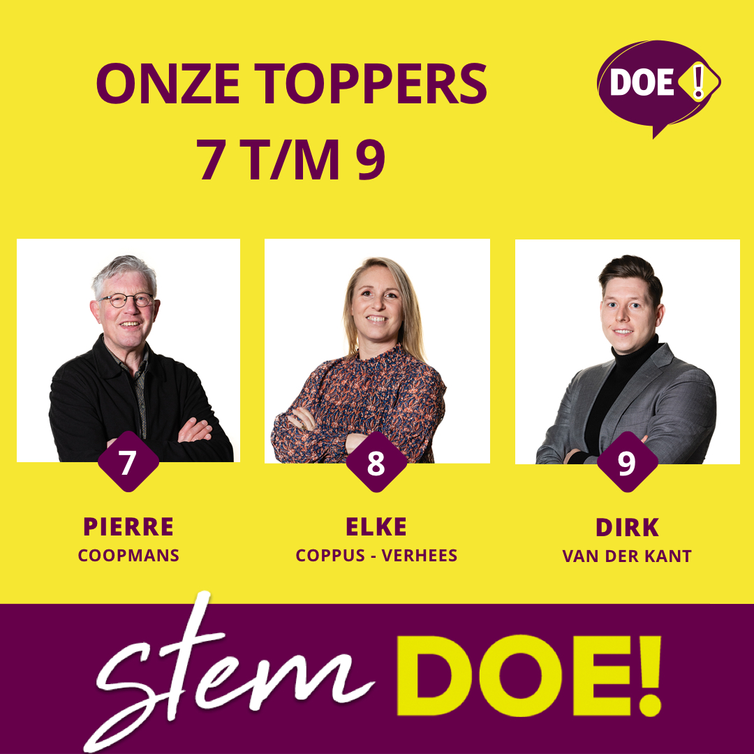 🟣🟡 Onze toppers 7 t/m 9 gaan voor DOE! 🟡🟣
De campagne voor de gemeenteraadsverkiezingen is inmiddels in volle gang. We stellen onze kandidaten graag aan je voor ➡️ bit.ly/3rsY4nx
 #DOEMEE #Gemeenteraadsverkiezingen #GemeenteDeurne #kandidaten