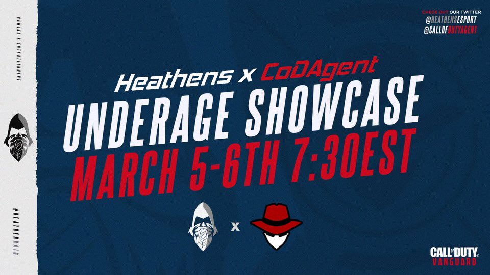 🚨 ONE DAY LEFT 🚨

<a href="/HeathensEsport/">Heathens</a> x <a href="/CallofDutyAgent/">CODAgent</a> 

U18 showcase starts tomorrow!

Orgs and colleges will be scouting all the talent!

Sign up, you won’t wanna miss this opportunity!

⬇️⬇️⬇️
discord.com/invite/zGGrqEr…

#HeathenRaid