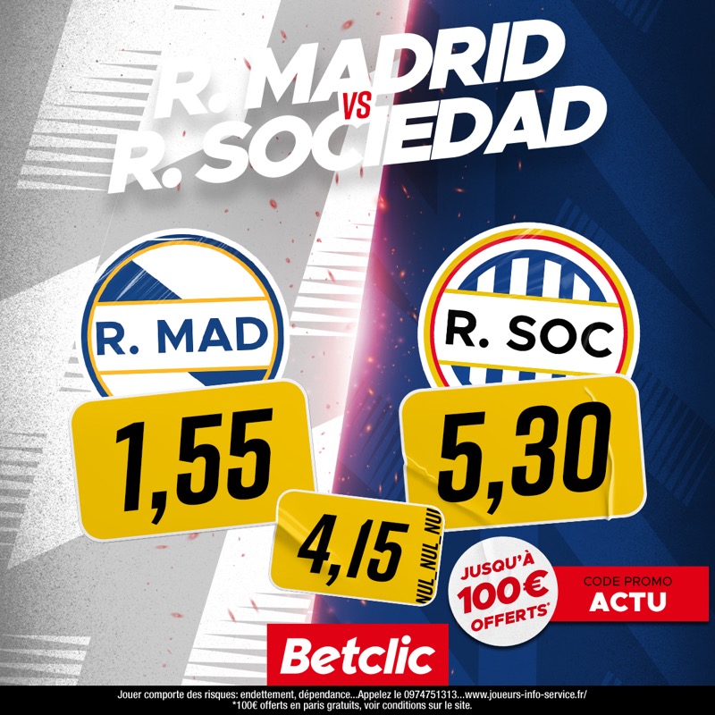 ActuFoot_'s tweet photo. Les cotes @Betclic de Real - Sociedad :

Jusqu’à 100€ offerts* pour ton 1er pari :
 ✔️ Récupère tes gains si ton pari est gagné
 🔙 Récupère ta mise en freebets s'il est perdu

👉 Code : ACTU