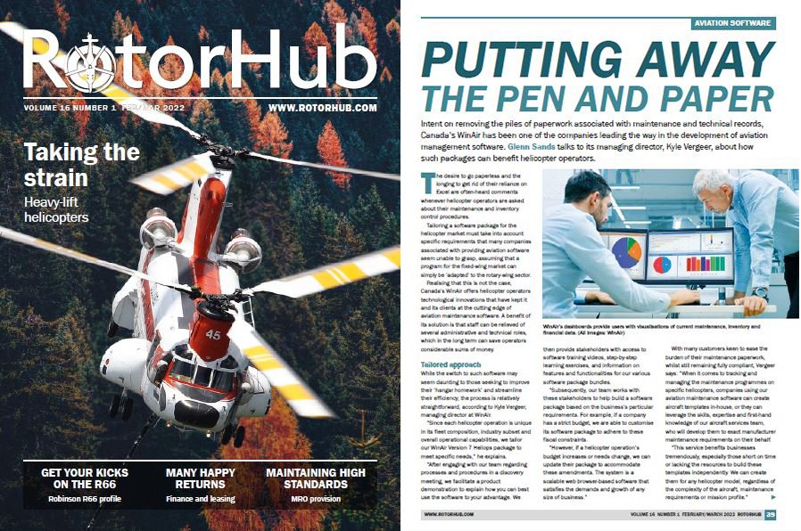 WinAir_Software's tweet photo. π The February/March #HAIExpo22 edition of @RotorHub #Magazine is out now! #CheckOut p. 39 for an article on #WinAir and our #Heliops package for #WinAirVersion7, titled, "Putting Away the Pen and Paper:" https://t.co/Ms0bVp1EWl #AvGeek #AviationMaintenanceSoftware #Helicopters https://t.co/YjpHi9D4Zw