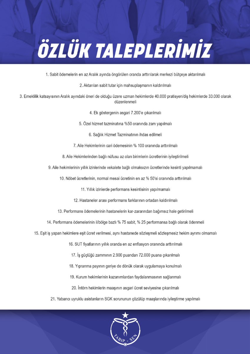 1. Özlük Haklarımızla İlgili Taleplerimiz

Not: Aşağıdaki Talepler Asgari Taleplerimizdir !!!

#DahaAzınıKabulEtmiyoruz
#ArtıkTabipSenVar