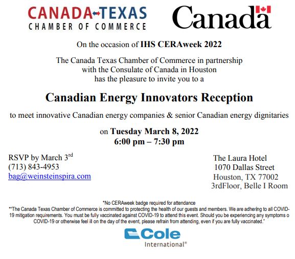 CanadaTexasCC's tweet photo. On the occasion of IHS CERAweek 2022, the CTCC  in partnership with the Consulate of Canada in Houston, will be hosting the Canadian Energy Innovators Reception. We hope you will join us. https://t.co/jSYTPQyx4Z