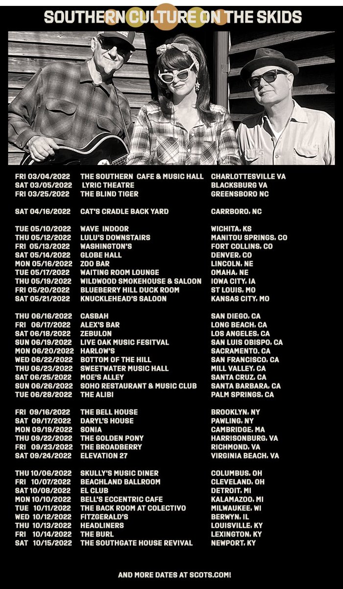 Southern Culture On The Skids (@scots_music) on Twitter photo Virginia, c'mon out this weekend! Charlottesville tonight @southerncville & Sat <a href="/TheLyricTheatre/">The Lyric Theatre</a> in Blacksburg. Just announced, outdoor show @catscradlenc Back Yard Sat 4/16 w/ Dex Romweber & Zen Frisbee! More dates & ticket links at SCOTS.com/tour.html Virginia, c'mon out this weekend! Charlottesville tonight @southerncville & Sat <a href="/TheLyricTheatre/">The Lyric Theatre</a> in Blacksburg. Just announced, outdoor show @catscradlenc Back Yard Sat 4/16 w/ Dex Romweber & Zen Frisbee! More dates & ticket links at SCOTS.com/tour.html