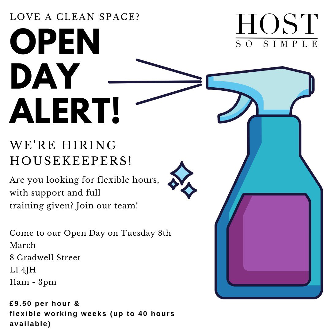 Are you looking for a job in Liverpool City Centre?

We have an Open Day for housekeepers here in our office coming up this Tuesday 8th March!

You could be earning £9.50 an hour, working flexible hours in some of the best apartments in Liverpool!

#JobOpportunity #jobsearch