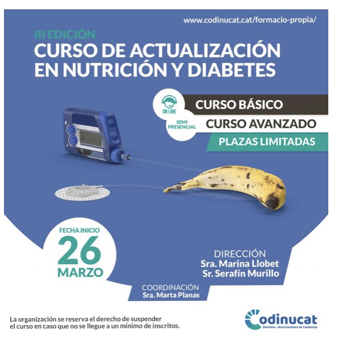 Inscripciones abiertas para curso de #nutrición y #diabetes para nutricionistas del <a href="/codinucat/">CoDiNuCat</a> casi 100 horas de docencia en 2 modalidades, básico y avanzado. Más info en codinucat.cat/formacio-propi…