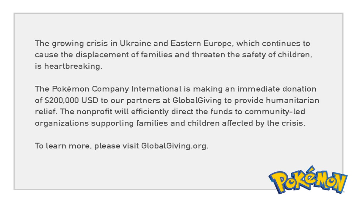kultt_fr's tweet photo. #Ukraine : The Pokémon Company fait un don de 200.000 dollars pour l'aide humanitaire.

https://t.co/e1dNuZzUFH https://t.co/SXVfNAzEze