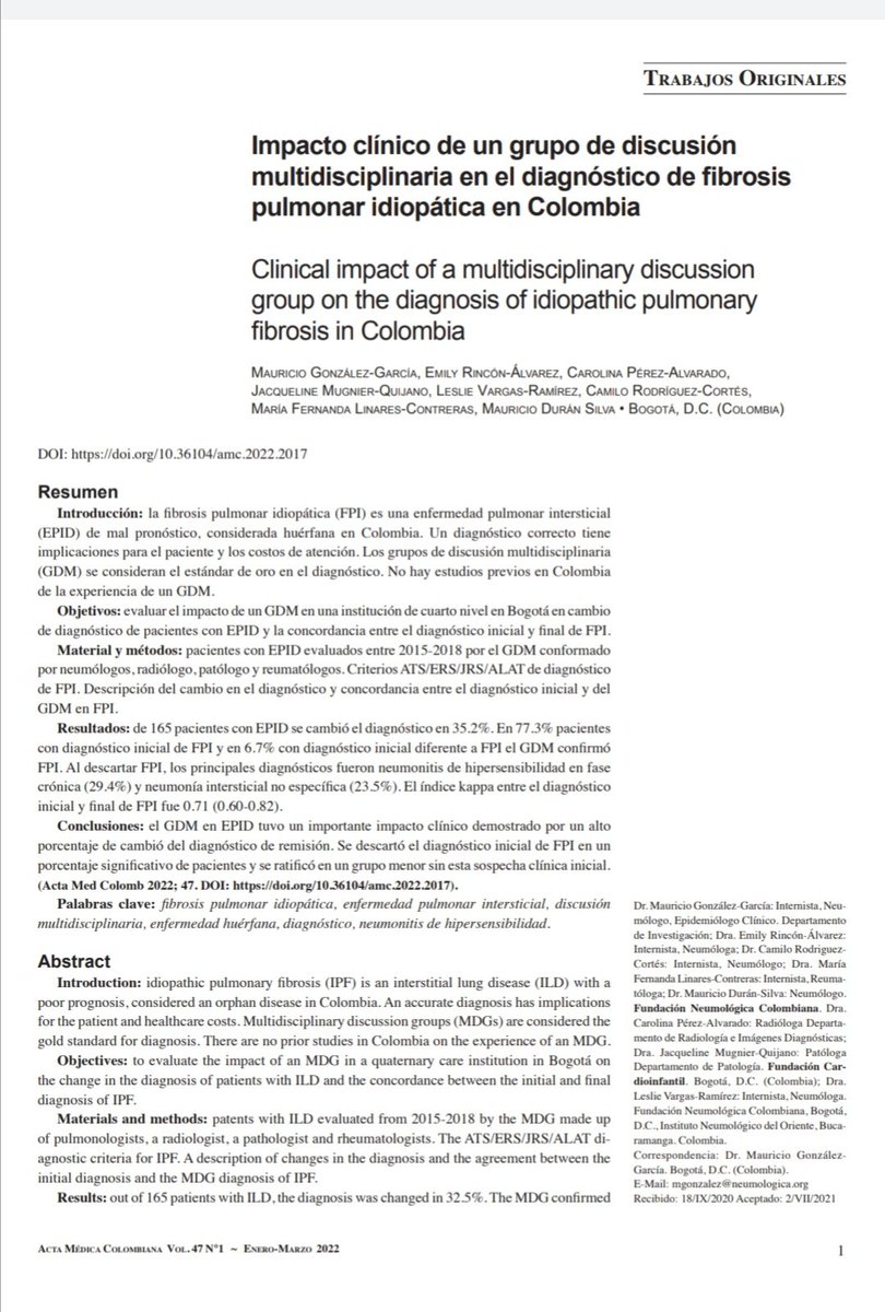 lilo1278's tweet photo. Impacto clínico de un grupo de discusión multidisciplinaria en el diagnóstico de fibrosis pulmonar idiopática en Colombia
https://t.co/X8Xmw1dXha
No paran las emociones! Finalmente publicada esta experiencia modelo en Colombia @EmyRincon @Neumologica
#EPID #Intersticio https://t.co/TzFuMMgOGw