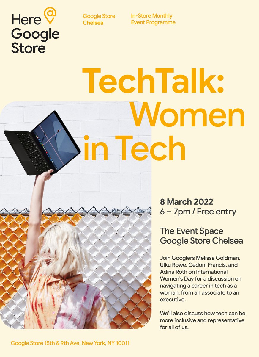 Join me on Mar 8th at 6:00pm at the Google Store Chelsea Event Space for a discussion on navigating a career in tech as a woman. Free event, open invite. #womenintech #IWD2022 #BreakTheBias @GoogleCloud