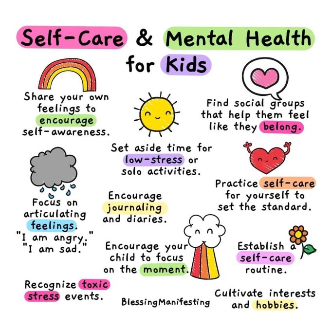 ROCKreachout's tweet photo. It’s so important to make sure that child and youth self-care and mental health is well taken care of. Here are some valuable tips! 
Credit: Self-Love Rainbow https://t.co/5OL9VO1Gac
