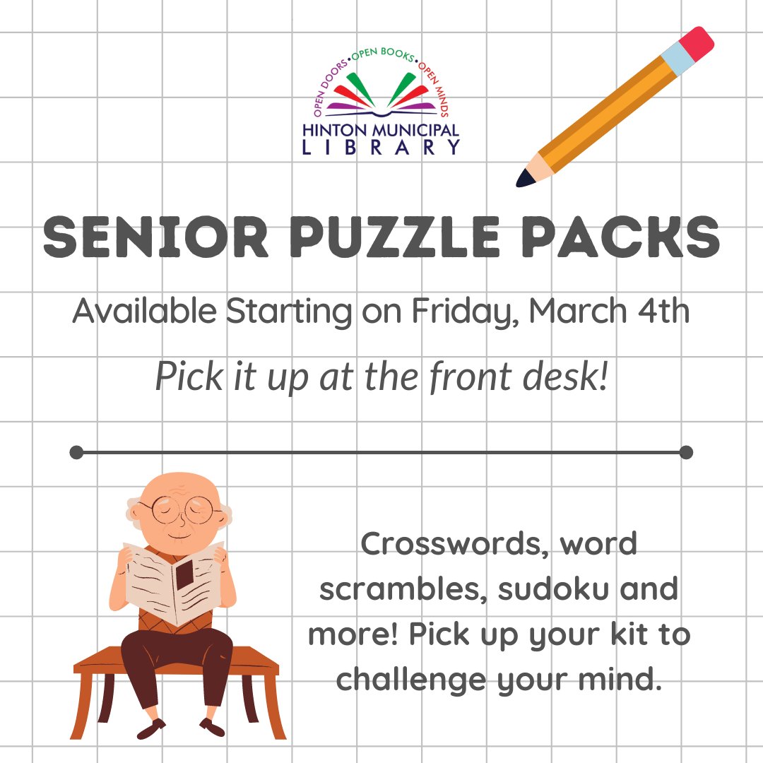 Pick up this month's Senior Puzzle Pack starting today! Test your skills with sudoku, word searches, riddles and more! ✏️