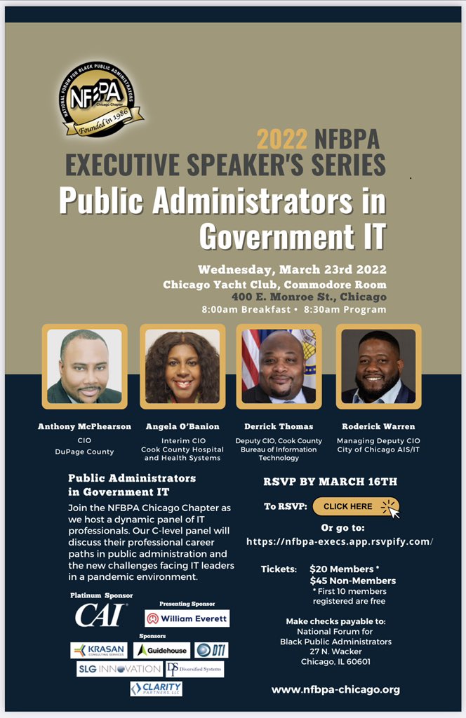techman29's tweet image. Join us for the new NFBPA Executive Speaker’s in Government Series featuring Chicago’s top Public Administrators in Government IT!!! This in person breakfast panel is scheduled for Wednesday March 23rd at 8:00am.
