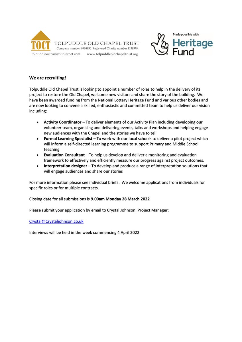 We’re Recruiting! TOCT is excited to announce a number of roles to help in the delivery of this unique project to save Tolpuddle Old Chapel.
For details view: tolpuddleoldchapeltrust.org
See:
<a href="/HeritageFundUK/">The National Lottery Heritage Fund</a>, @HTNmembers, <a href="/HistoricEngland/">Historic England</a> #heritage,#Conservation