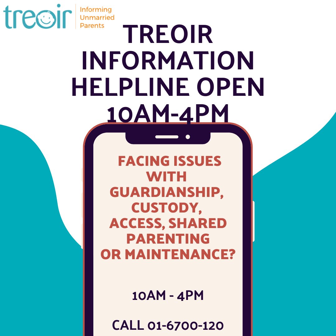 TREOIR's tweet image. Our helpline is open 10 am-4 pm Monday to Friday! Call us on (01) 6700 120 or message us on Facebook to make an appointment! #guardianship #access #maintenace #custody #sharedparenting