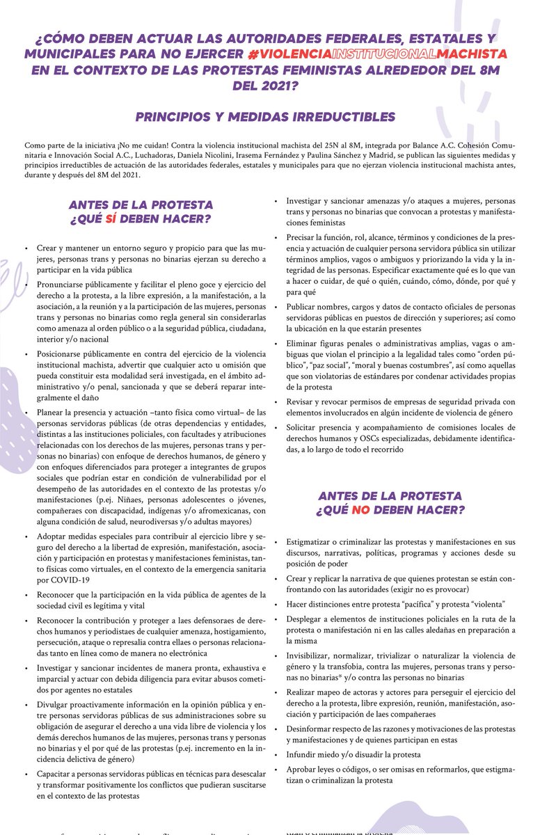 📍Antes de las manifestaciones:

✅ Crear espacios propicios para que las personas ejerzan su derecho a la protesta.
❎ Estigmatizar las protestas en sus discursos y narrativas políticas.