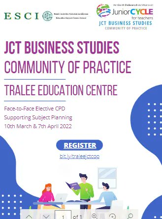 #JCBusinessCommunity of Practice takes place in Tralee Education Centre on Thursday the 10th of March and Thursday the 7th of April, 7-9pm. This is a Face-to Face elective event run by <a href="/jct_business/">JCT Business Studies</a> Full details + registration available here👉 buff.ly/3psCIp2 <a href="/ESCItweets/">ESCI</a>