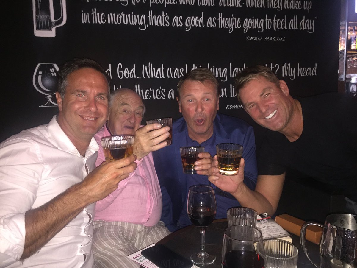 My introduction to Jäger Bombs during the Edgbaston Test in 2016! Vaughan, Blofeld, Tufnell and Warne. What a quartet! I had three! They were delicious and I wanted to go again the next night but they chickened out!!!