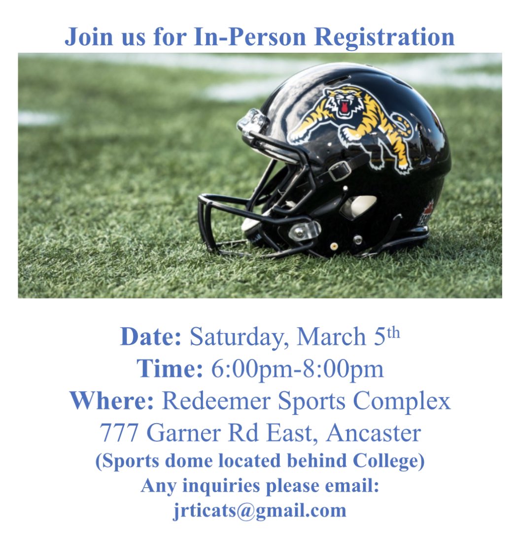 Looking to join the Hamilton Jr Ticat family? Join us Saturday, March 5th for our In-Person registration🏈 
Time: 6:00-8:00pm
Location: Redeemer Sports Complex
Any inquiries please email jrticats@gmail.com 
Divisions are as follows:
Spring Atom: 2013-2012
Spring Peewee: 2011-2010