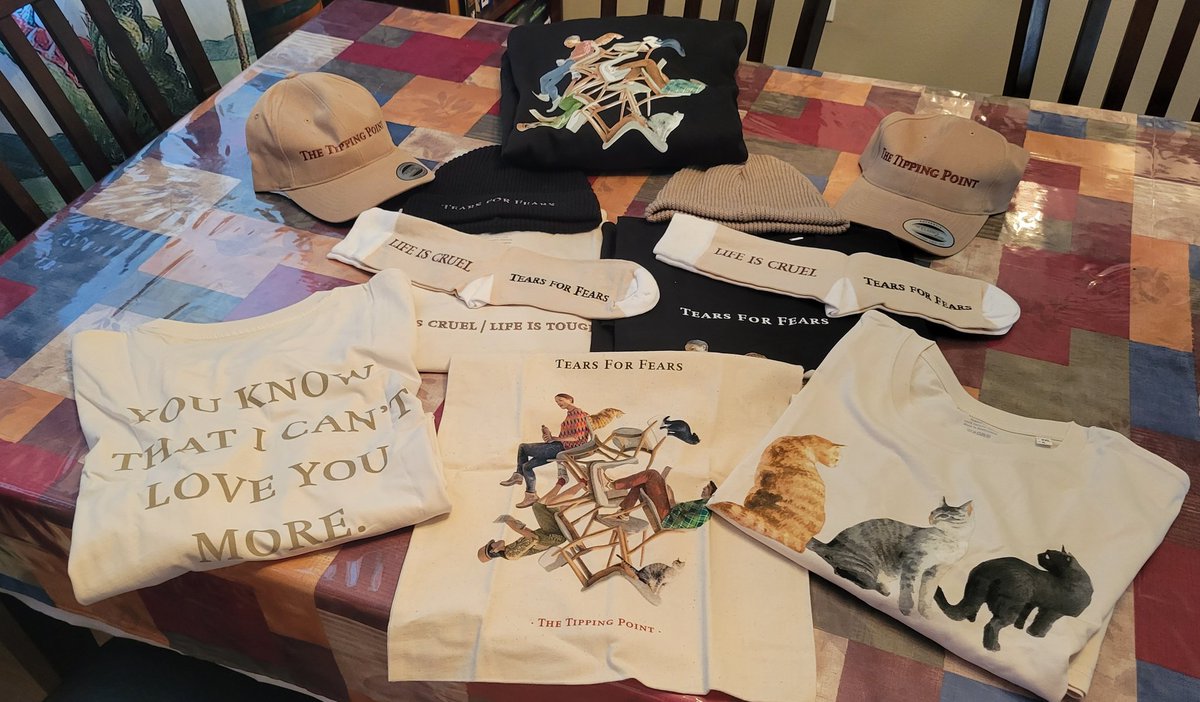 Can you say tote bag, hoodies, thirts bennies, hats, socks, & cats oh my.....🙃 my US @tearsforfears merchandise arrived today. #thetippingpoint