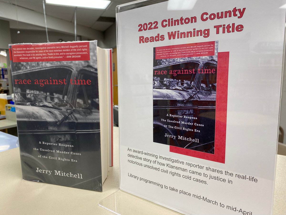 Sabina_Library's tweet image. &quot;Race Against Time&quot; by Jerry Mitchell is the 2022 #ClintonCountyReads winning title. Events have been scheduled. Flyers available at all county libraries.