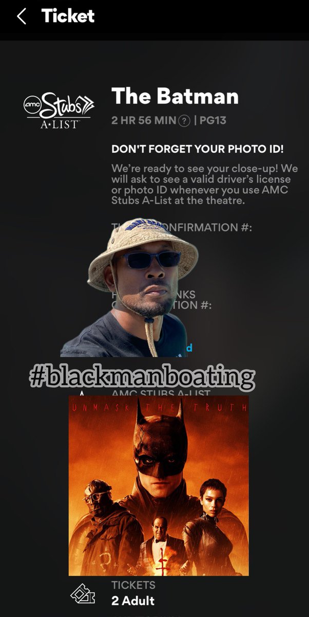 BlackManBoating's tweet photo. Going to see the #Batman at my theater. All are welcome just go out and buy your #Batman tickets at #amc and while you are there get some #amc #popcorn peaceβπΎ and loveβ€οΈ #blackmanboating @rocketastronaut @jjbrown111076 @TaraBull808 @CEOAdam @TradesTrey @TheProblem @AMCbiggums https://t.co/knex4C23E1