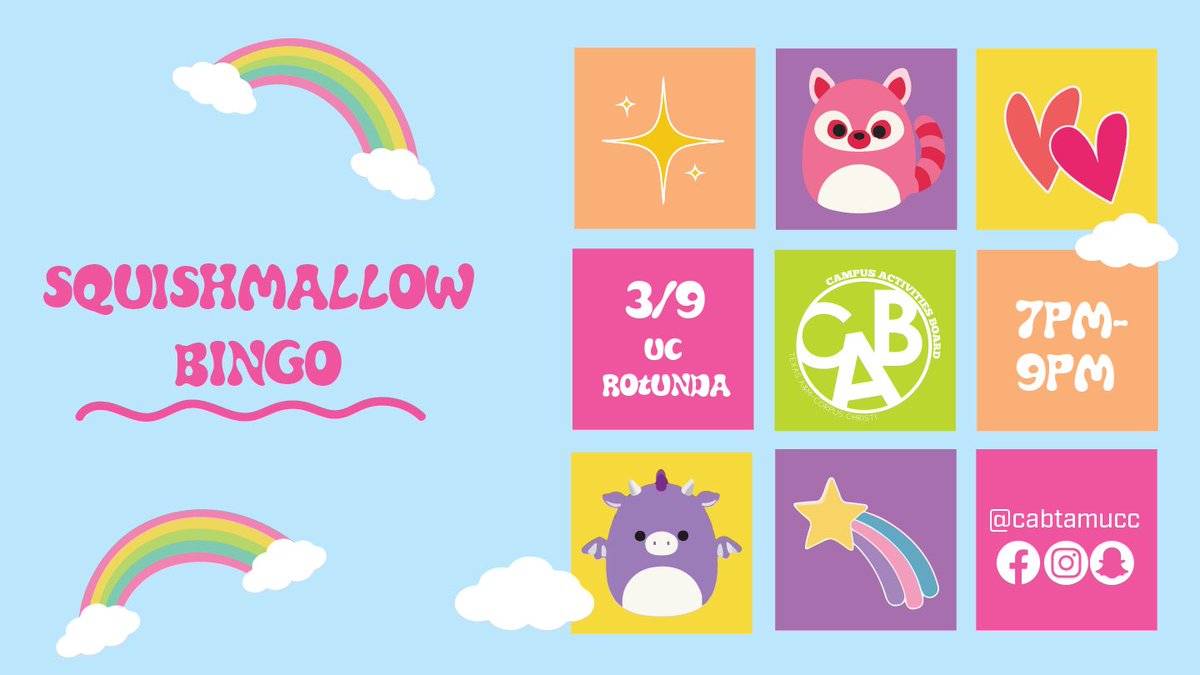 cabtamucc's tweet photo. Squish the stress at SQUISHMALLOW BINGO ๐Join us on Wednesday, March 9th from 7pm-9pm in the UC Rotunda. #CAB #AllWeDoIsFun #TAMUCC #Islanders #squishmallows https://t.co/8pme2QU3PO
