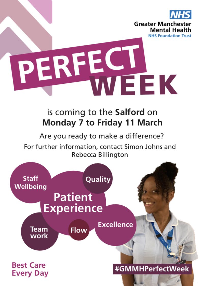 It’s Perfect Week again at Salford next week.

Looking forward to another week of great team work, learning &amp; amazing outcomes ⭐️

<a href="/GMMH_NHS/">Greater Manchester Mental Health</a> 

#TakeALookAtMeadowbrook #GMMHPerfectWeek