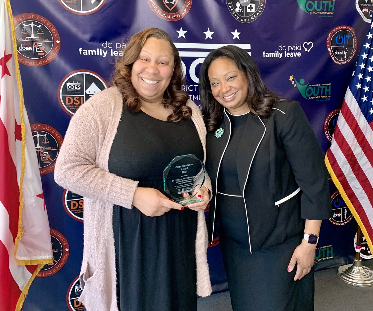 Yesterday, Secretary Bassett @SecretaryofDC presented Dr. Unique  Morris-Hughes @DOES_DC with the 2021 DC One Fund Campaign Chair Award,  thanking her on behalf of the entire #DCOneFund Team. From all of us, thank