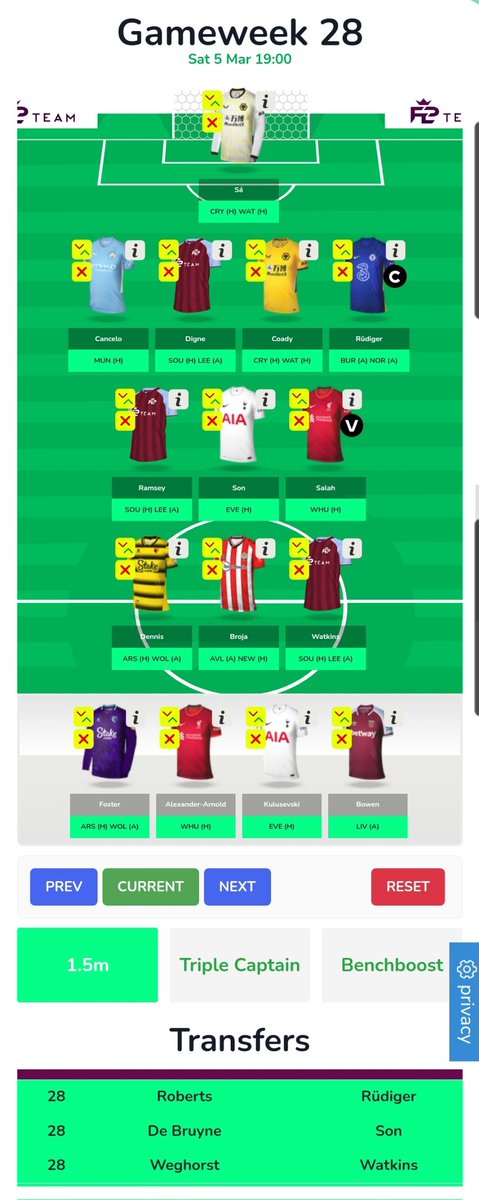 gynaepenang's tweet image. GW28-GW30 on ZERO chip

GW28 (-8) 8DGW C:Rudiger
GW29 (FT) 5DGW C:Salah
GW30 (-8)11 players C:Son

0R 1.2mil
Target 1mil
#MapOut #FPL #FPLCommunity