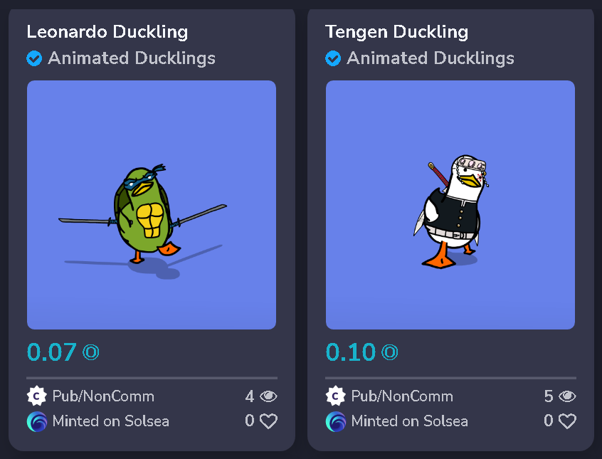 NFTDucklings's tweet photo. Hello everyone! There is a new drop in my NFT Collection!

I have reduced the cost of my NFT by 10 times. They can be purchased on Solsea

https://t.co/X1mhLuAaEZ

#NFT #NFTCollection #SolanaNFTs #Solana #SolSeaNFT  #MasterDos #AnimatedDucklings https://t.co/vcI7mROg1f