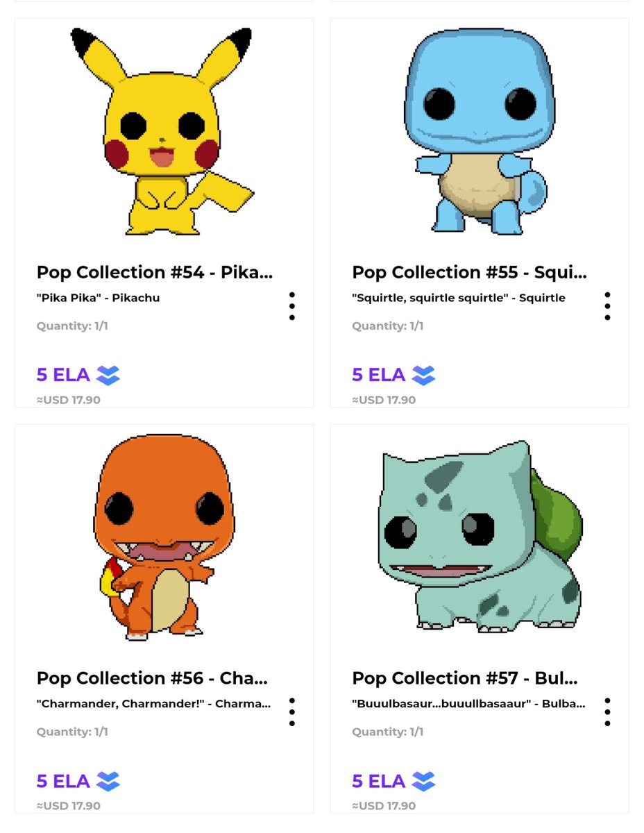 ElaNFTs's tweet photo. These little cuties have just gone live on @ElastosFeeds #pasar. Pop's #54 - #57, grab one before they go 😍 #Pokémon 

#NFTdrop #NFT #NFTs #NFTCollection #NFTcollectibles #NFTCommunity #Ela #Elastos #Feeds #nftart https://t.co/oK04rd8A6E