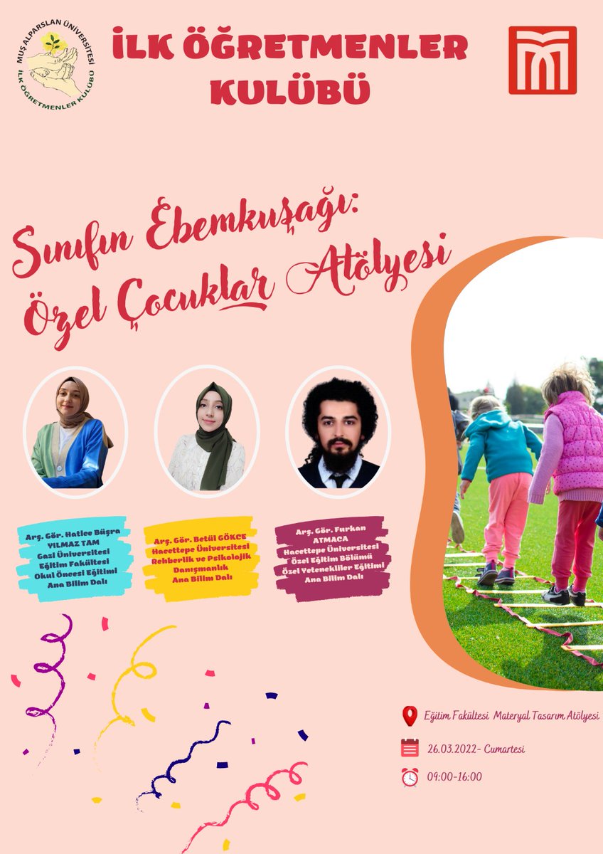📣Duyduk duymadık demeyin📣
Dönemin ilk etkinliği "Sınıfın Ebemkuşağı: Özel Çocuklar" Atölyesi
📅26 Mart Cumartesi ⏰09.00-16.00 📍Eğitim Fakültesi Materyal Tasarım Atölyesi
📣 Katılımcılara katılım belgesi verilecektir.  
Başvuru için: docs.google.com/forms/d/e/1FAI…