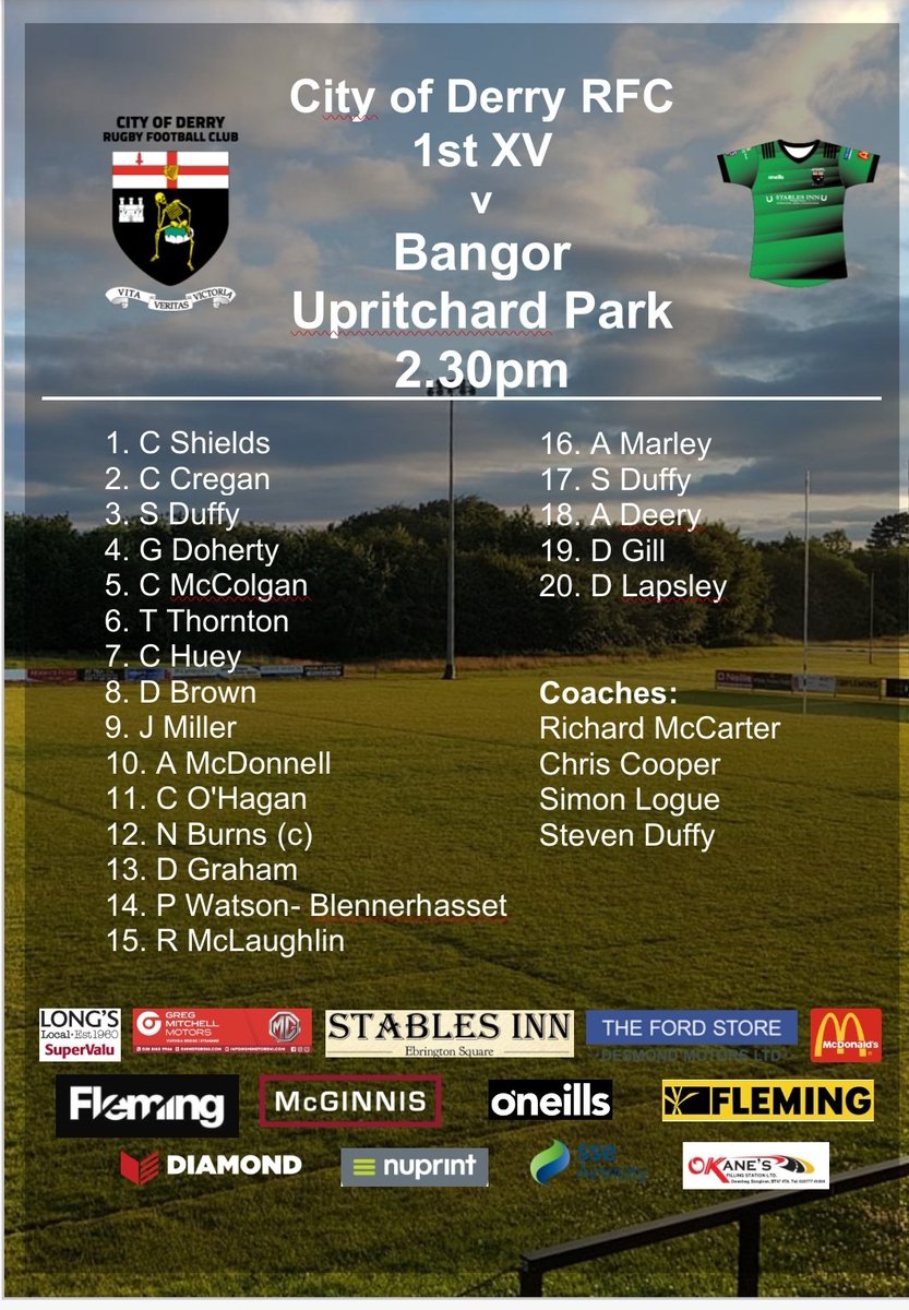 CityOfDerryRFC's tweet photo. Our 1st XV to face @BangorRFC in the #AIL. The 2nd XV also make the trip to Bangor in a big game for both sides! https://t.co/UbbO9PsCEV