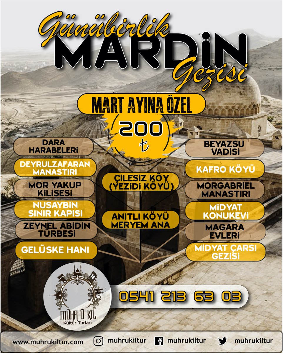 muhrukiltur's tweet photo. Mart ayına özel fiyatlarla, Günübirlik MARDİN Turları!
Yaşayan tarih misafirlerini bekliyor...
https://t.co/D1DbeetXGR
#Mardin #Mardinturu #Kültürturları #güneydoğuturu #Mardingezi https://t.co/7T4ht5pMAe