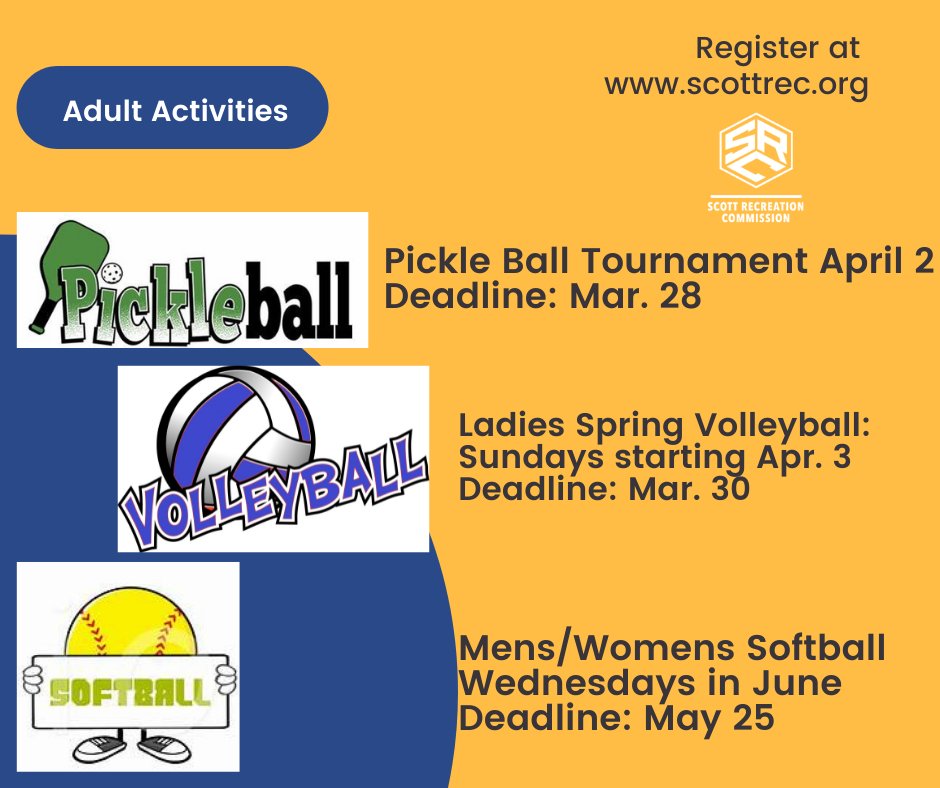 scottrecreation's tweet photo. We haven't forgotten about all you adults!! Check out the upcoming activities!! https://t.co/AfmBA5oVZa